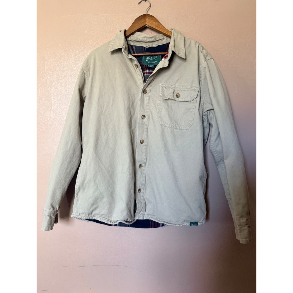 Woolrich Mens Medium Tan Cotton Canvas Flannel Lined Shirt Jacket Plaid Workwear